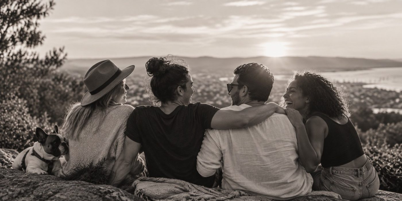 Friends sitting close together on a hilltop at sunset, laughing with their arms around each other.